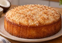 Bolo de calda de coco embebido em calda morna Apresentação final de Bolo de calda de coco embebido em calda morna