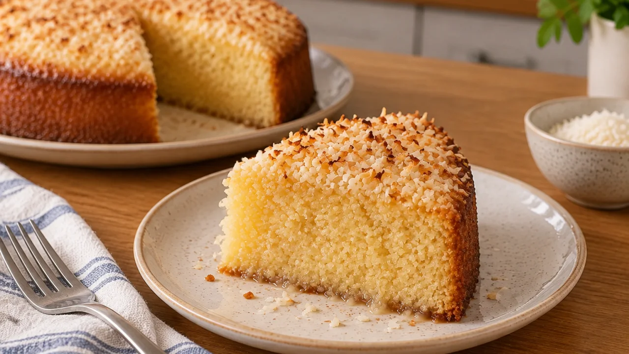 Detalhe da apresentação de Bolo de calda de coco embebido em calda morna