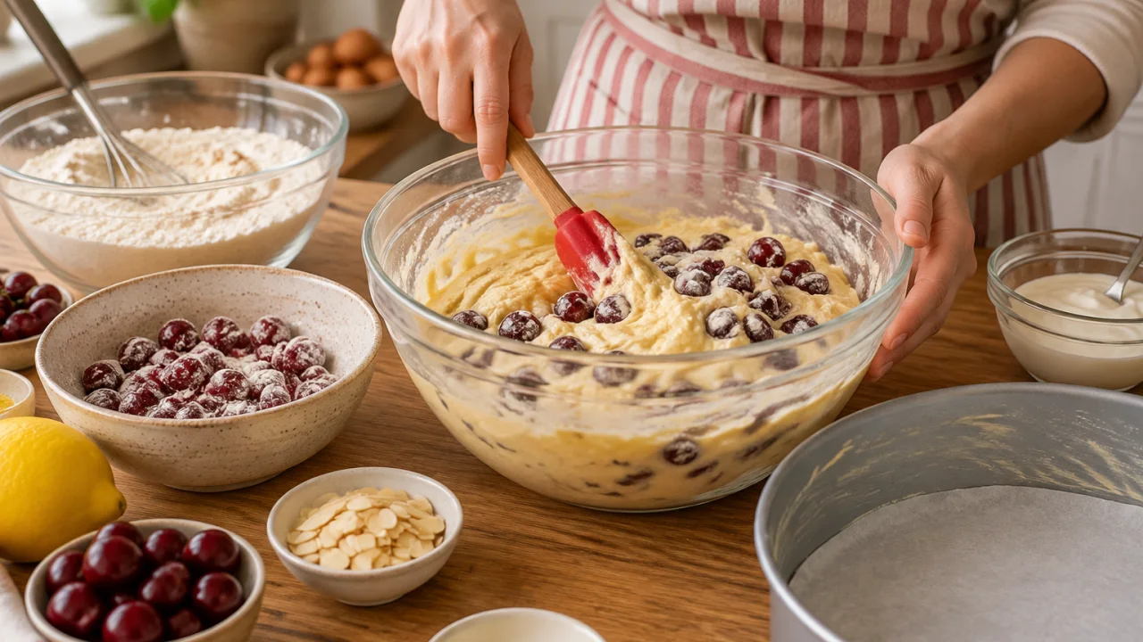 Preparação dos ingredientes de Bolo elegante com cerejas e amêndoa