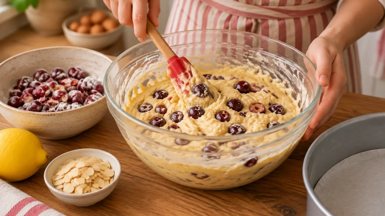 Etapa de preparação de Bolo elegante com cerejas e amêndoa