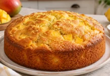 Bolo de iogurte com manga e raspa de limão Apresentação final de Bolo de iogurte com manga e raspa de limão
