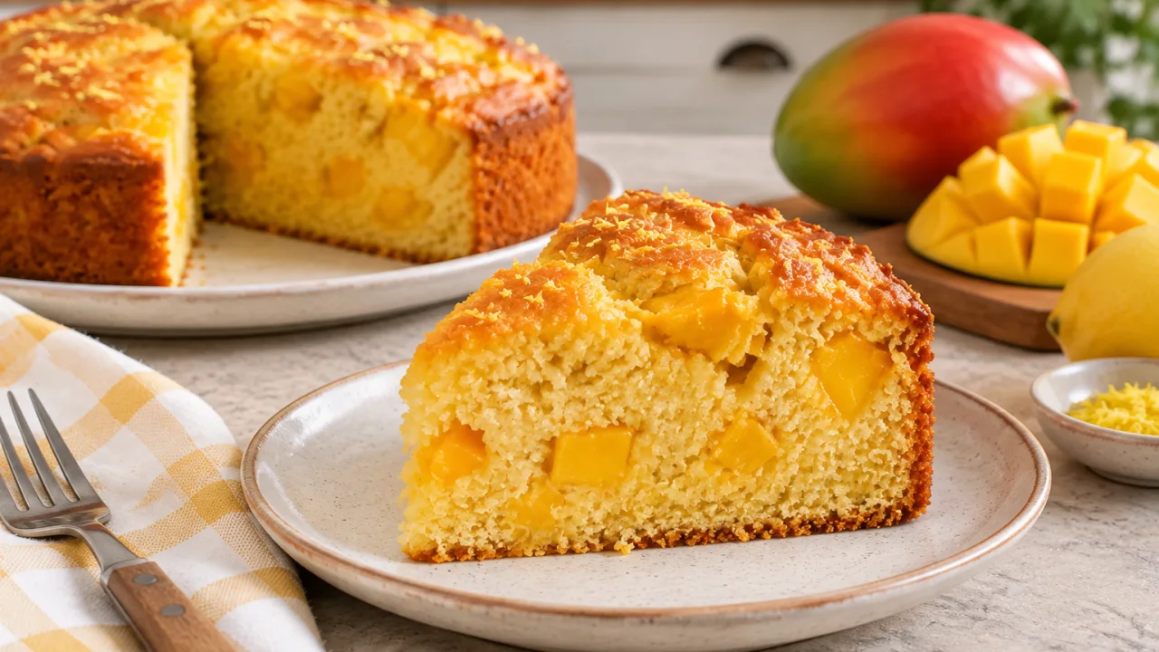 Detalhe da apresentação de Bolo de iogurte com manga e raspa de limão