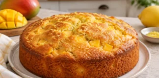 Apresentação final de Bolo de iogurte com manga e raspa de limão