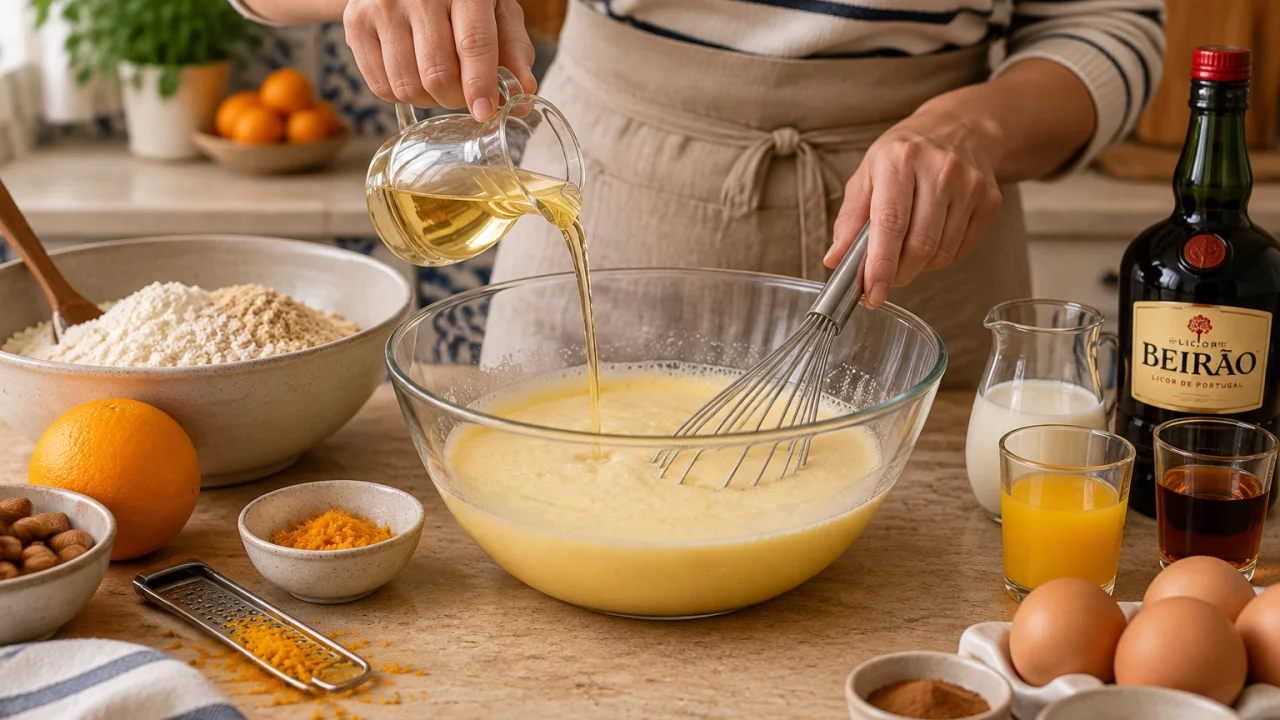 Preparação dos ingredientes de Bolo beirão, massa húmida com laranja, amêndoa e licor beirão