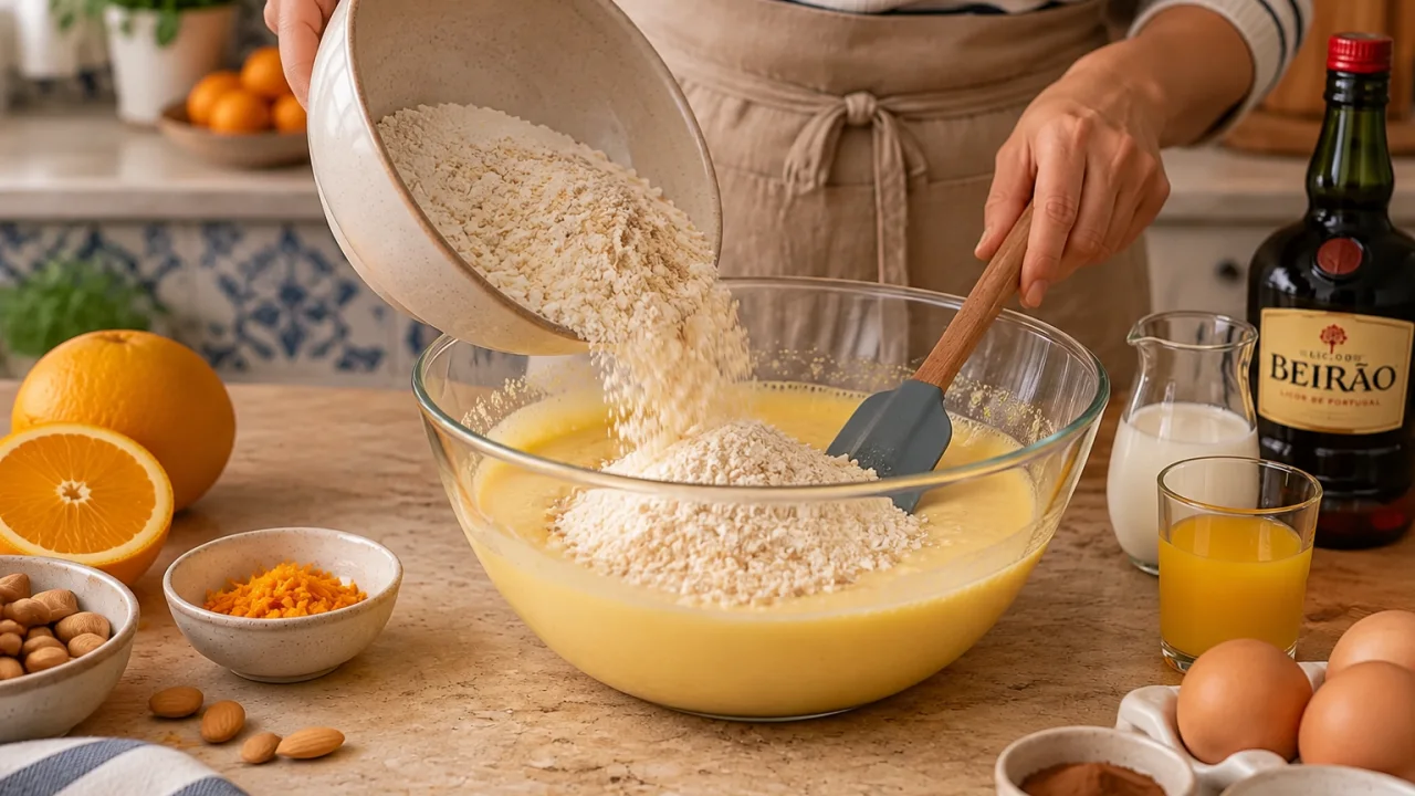 Etapa de preparação de Bolo beirão, massa húmida com laranja, amêndoa e licor beirão