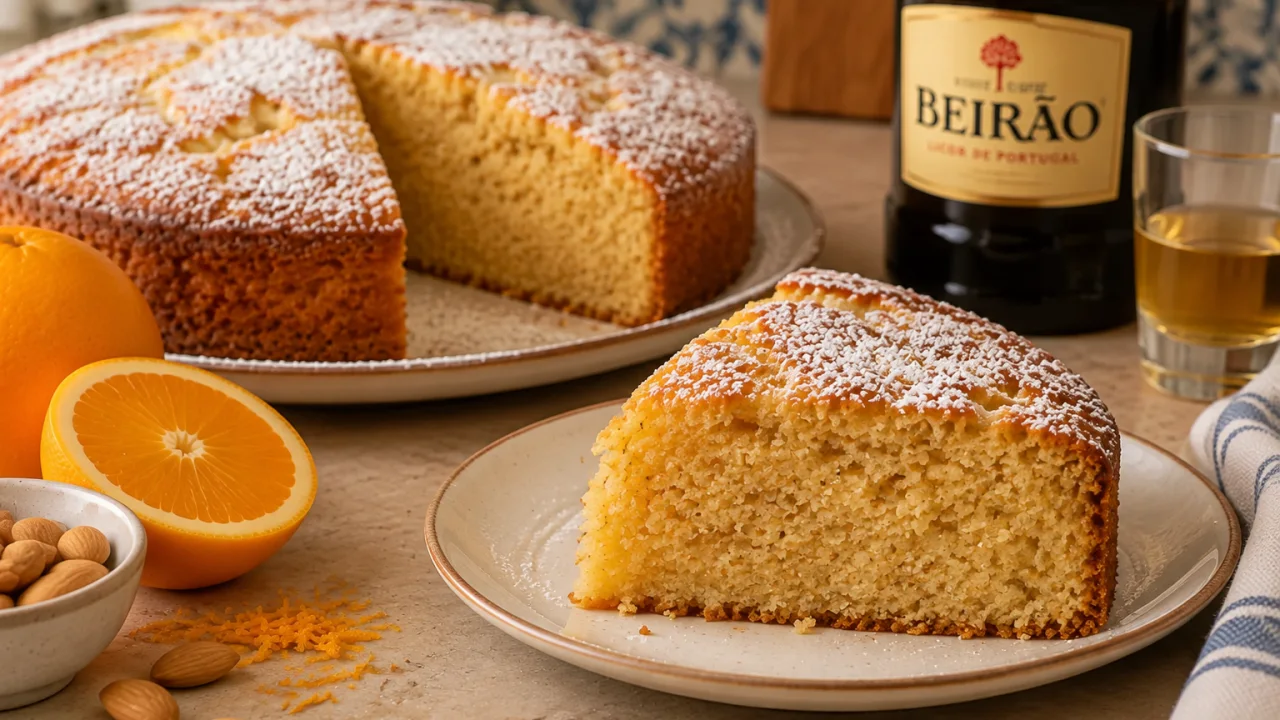 Detalhe da apresentação de Bolo beirão, massa húmida com laranja, amêndoa e licor beirão