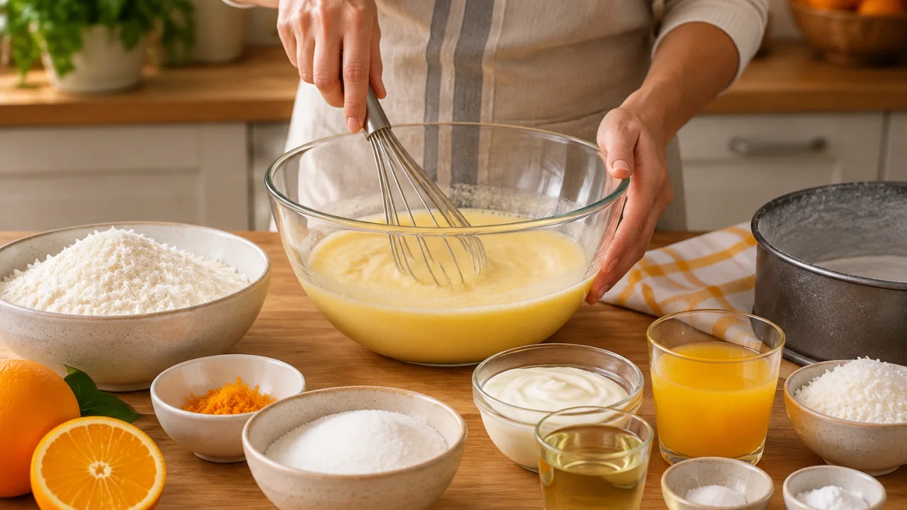 Preparação dos ingredientes de Bolo infalível de laranja e coco, aroma cítrico e miolo macio