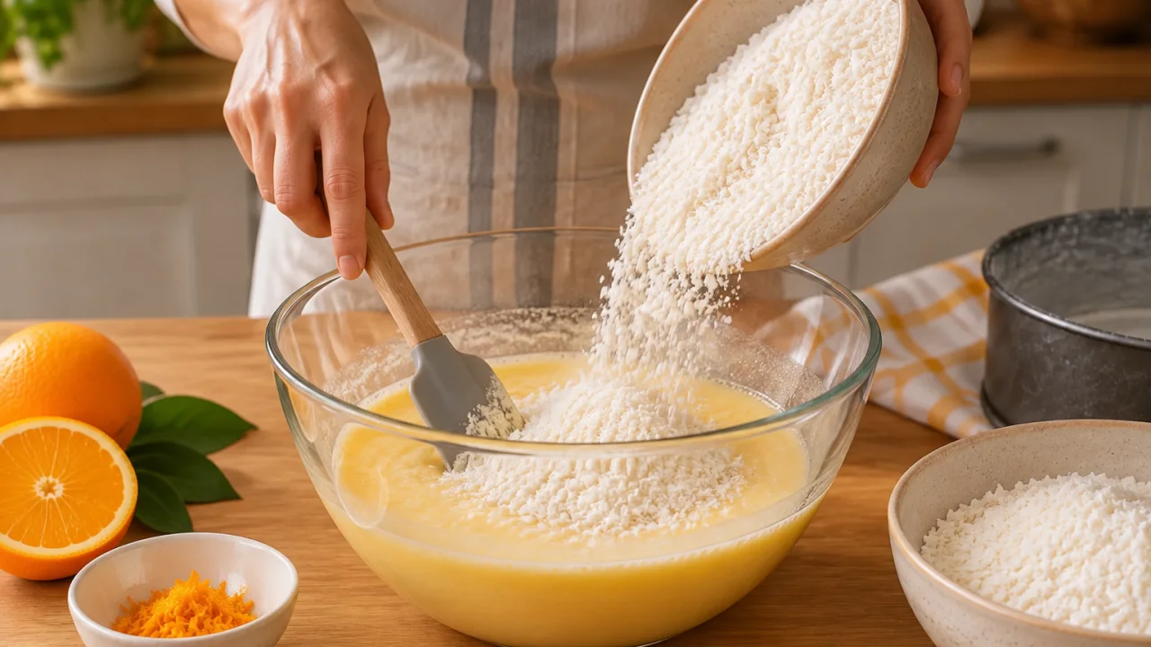 Etapa de preparação de Bolo infalível de laranja e coco, aroma cítrico e miolo macio