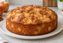 Bolo de maçã e canela com cubos de fruta na massa Contexto editorial sobre Bolo de Maçã e Canela