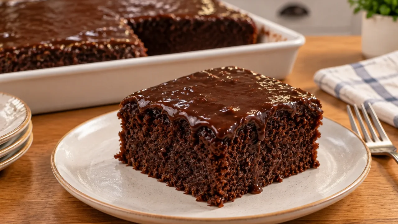 Detalhe da apresentação de Bolo nega maluca com cobertura de chocolate brilhante