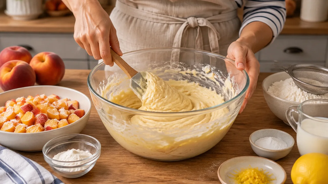 Preparação dos ingredientes de Bolo simples de pêssego com fruta fresca