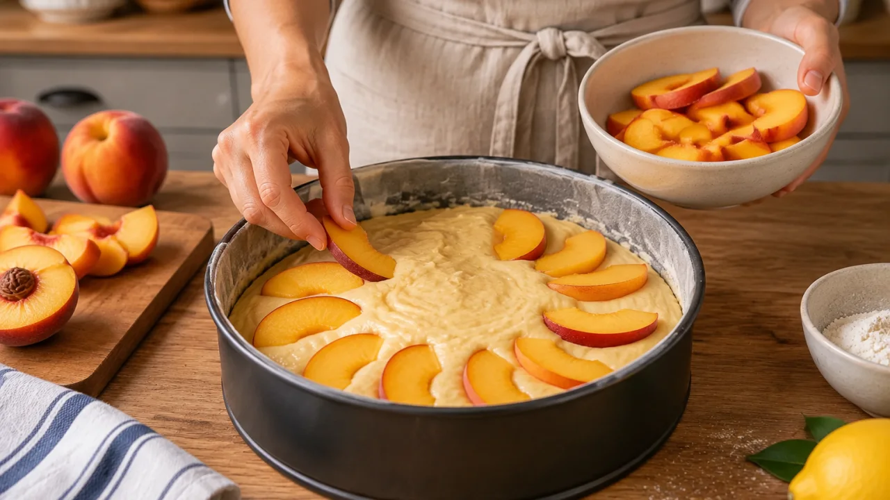 Etapa de preparação de Bolo simples de pêssego com fruta fresca