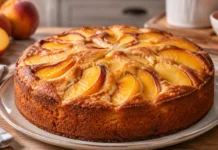 Bolo simples de pêssego com fruta fresca Apresentação final de Bolo simples de pêssego com fruta fresca
