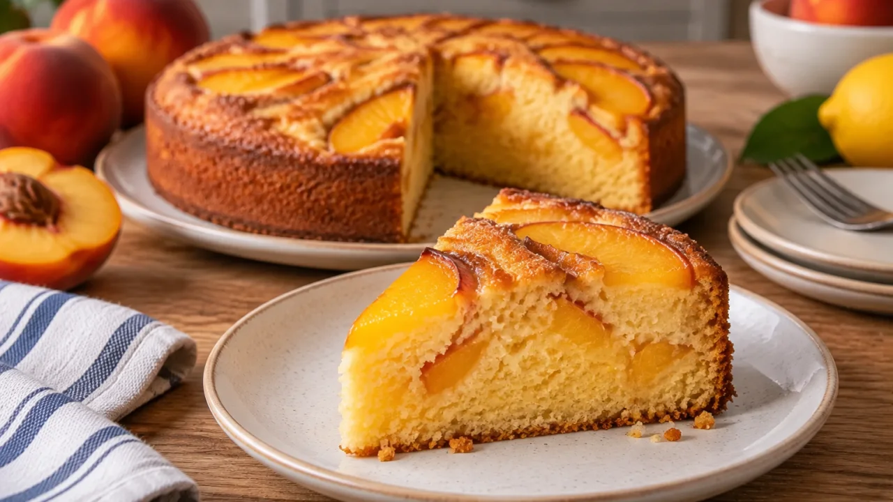 Detalhe da apresentação de Bolo simples de pêssego com fruta fresca