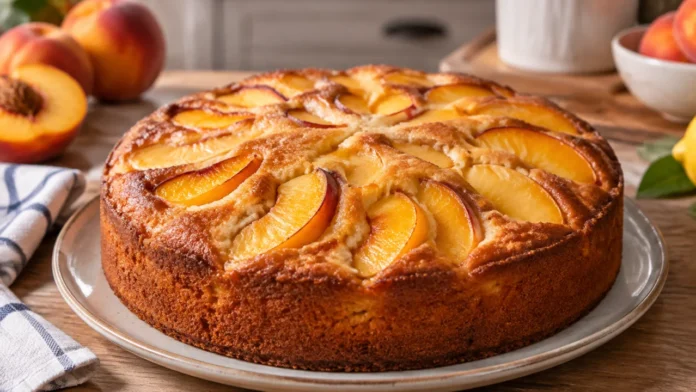 bolo-simples-pessego-com-fruta-fresca Apresentação final de Bolo simples de pêssego com fruta fresca