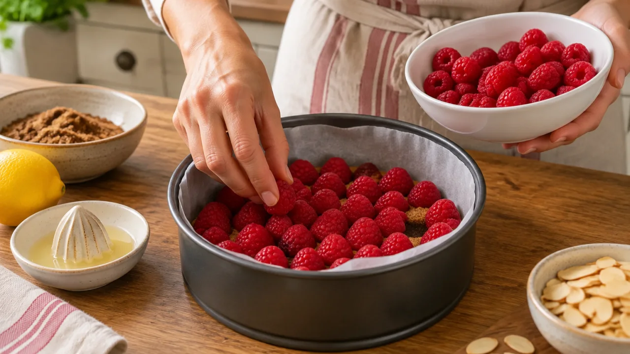 Preparação dos ingredientes de Bolo virado de framboesas com amêndoa