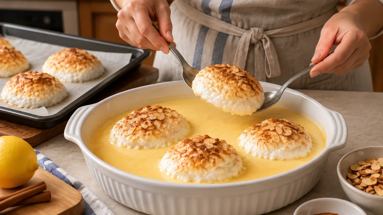Etapa de preparação de Farófias no forno com creme de ovos e amêndoa tostada