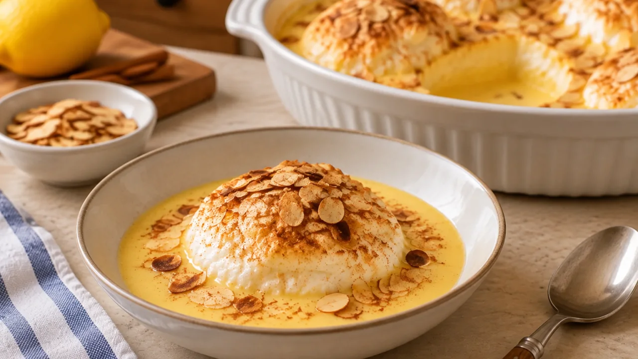 Detalhe da apresentação de Farófias no forno com creme de ovos e amêndoa tostada