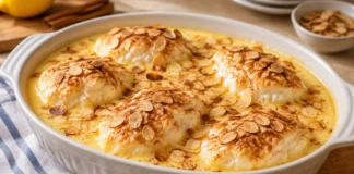 Apresentação final de Farófias no forno com creme de ovos e amêndoa tostada