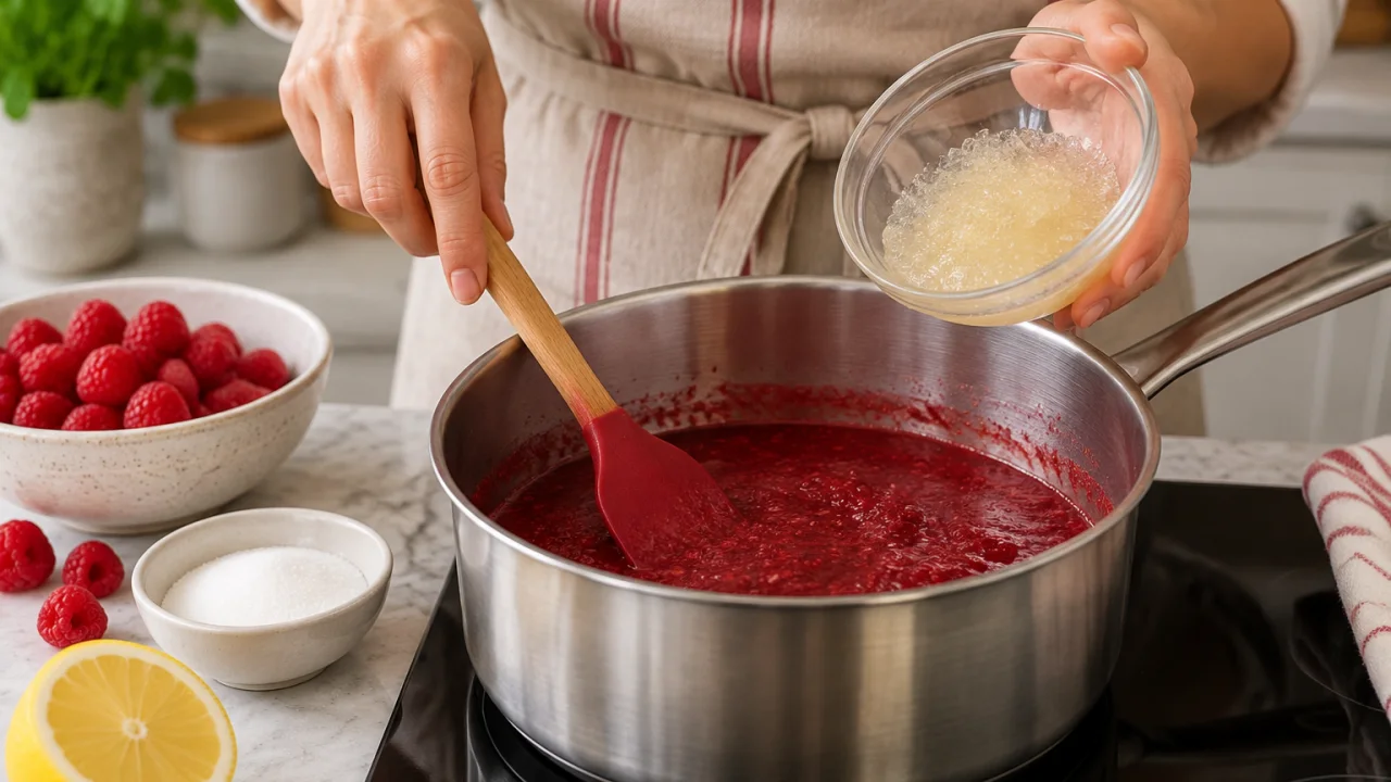 Preparação dos ingredientes de Gomas de framboesa caseiras com textura macia