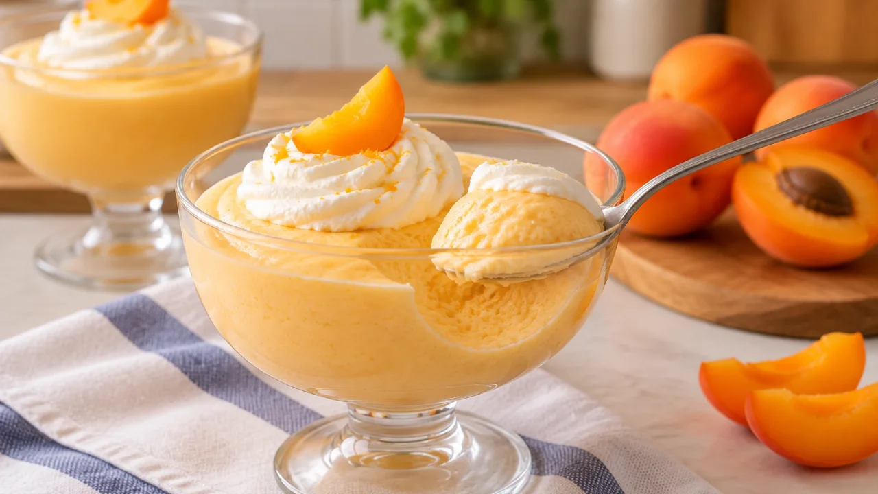 Detalhe da apresentação de Mousse espuma de alperce com natas batidas