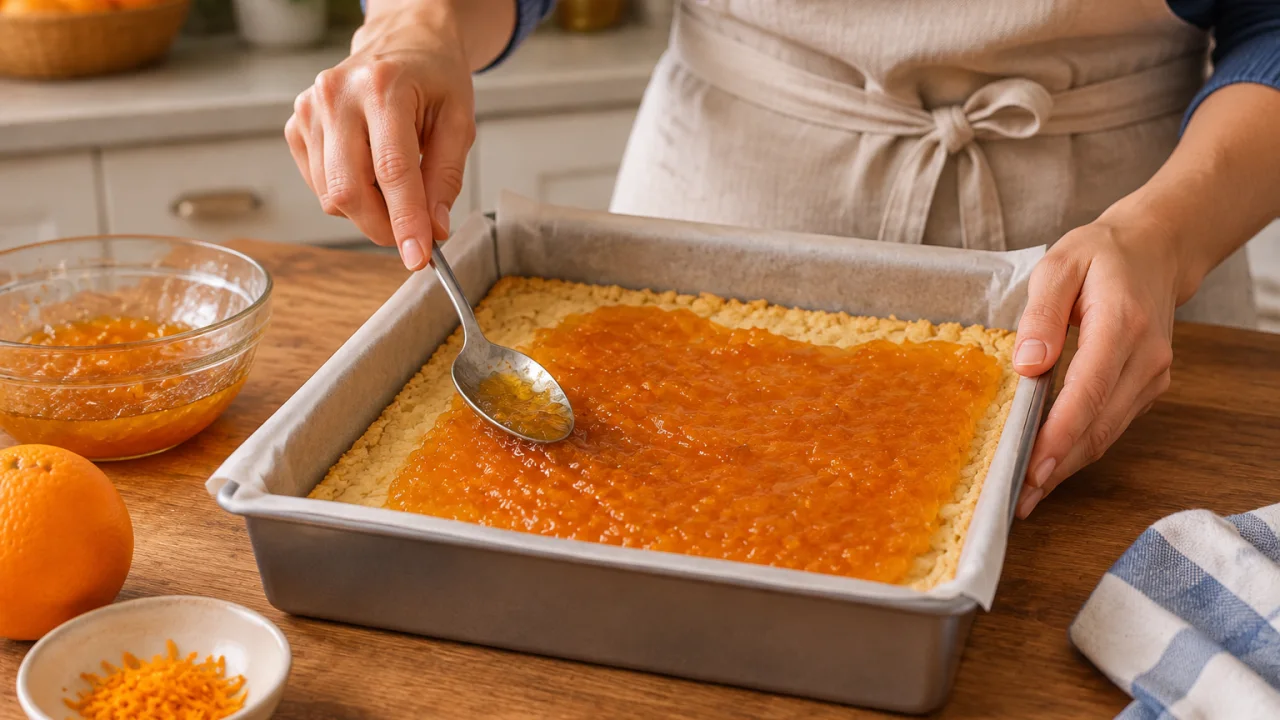 Preparação dos ingredientes de Quadrados de coco com doce de laranja e cobertura dourada