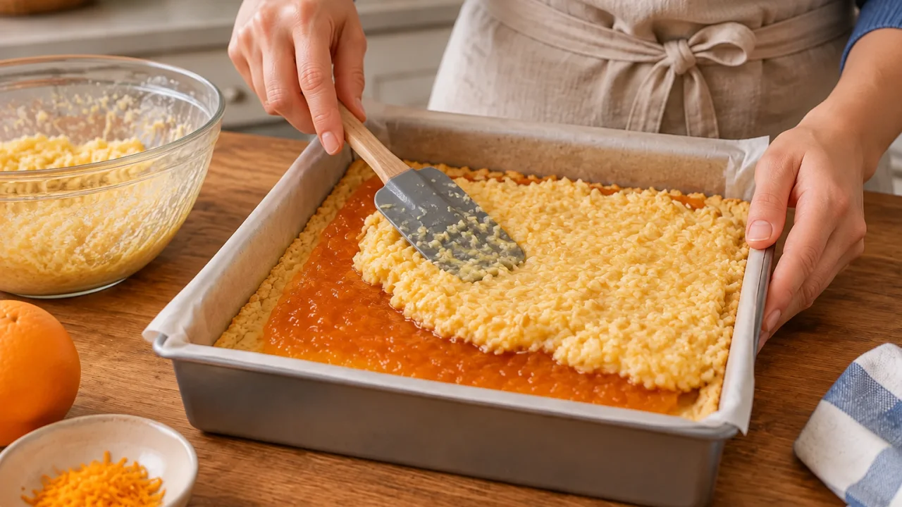 Etapa de preparação de Quadrados de coco com doce de laranja e cobertura dourada