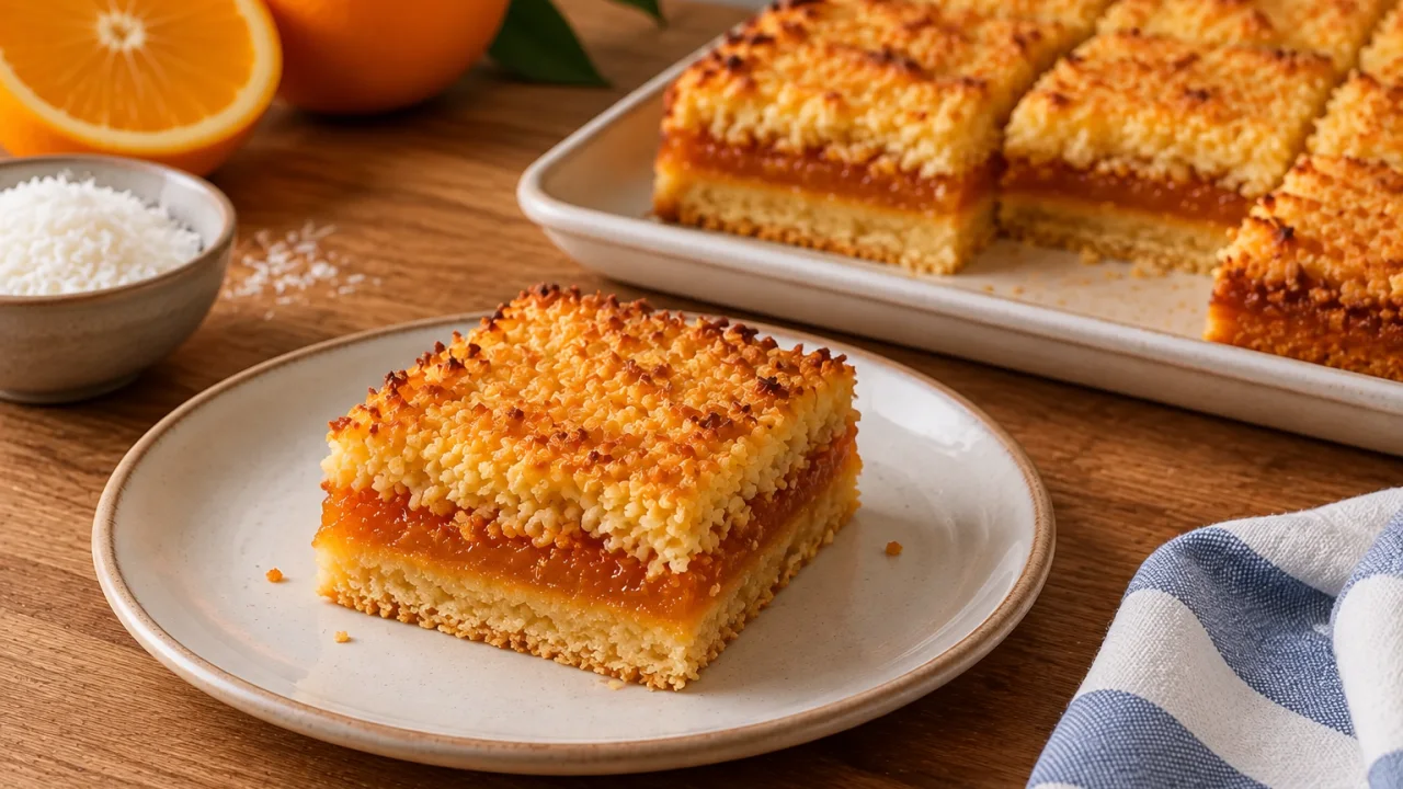 Detalhe da apresentação de Quadrados de coco com doce de laranja e cobertura dourada