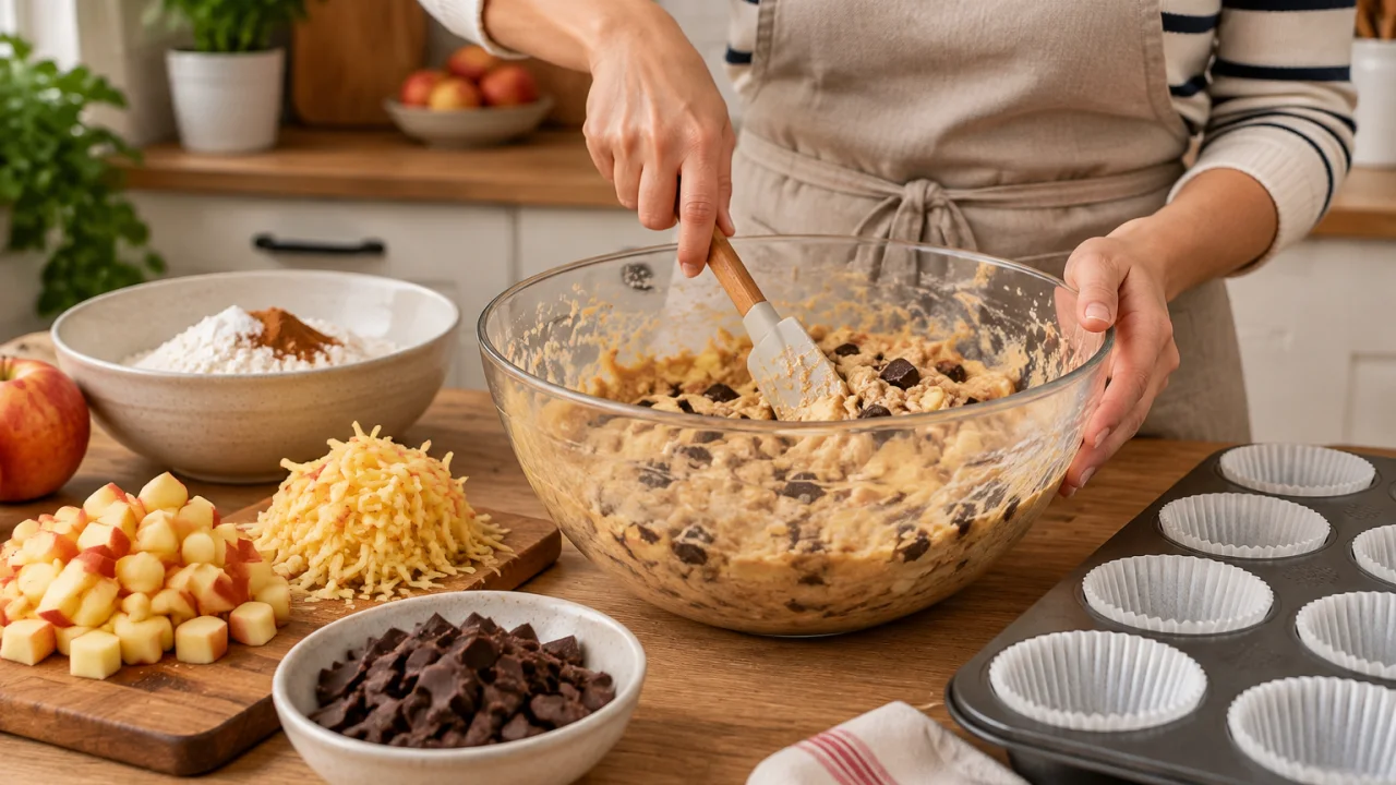 Preparação dos ingredientes de Queques de maçã e chocolate com pedaços generosos