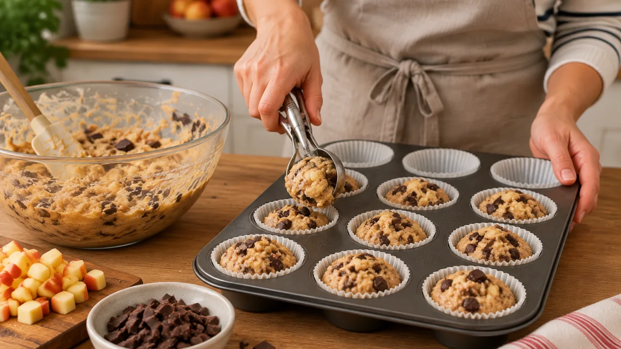 Etapa de preparação de Queques de maçã e chocolate com pedaços generosos