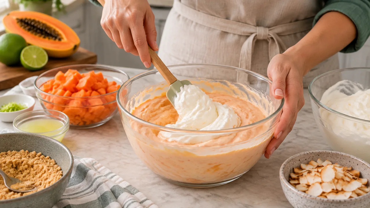 Preparação dos ingredientes de Sobremesa de papaia com lima e coco