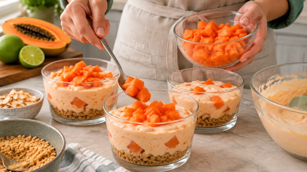 Etapa de preparação de Sobremesa de papaia com lima e coco