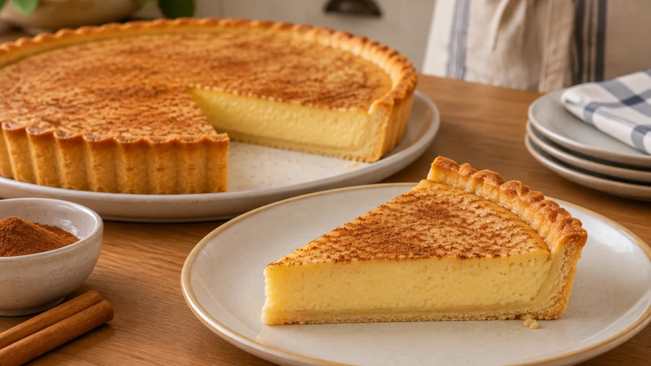 Detalhe da apresentação de Tarte de canela cremosa com Base crocante e recheio suave