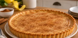 Apresentação final de Tarte de canela cremosa com Base crocante e recheio suave