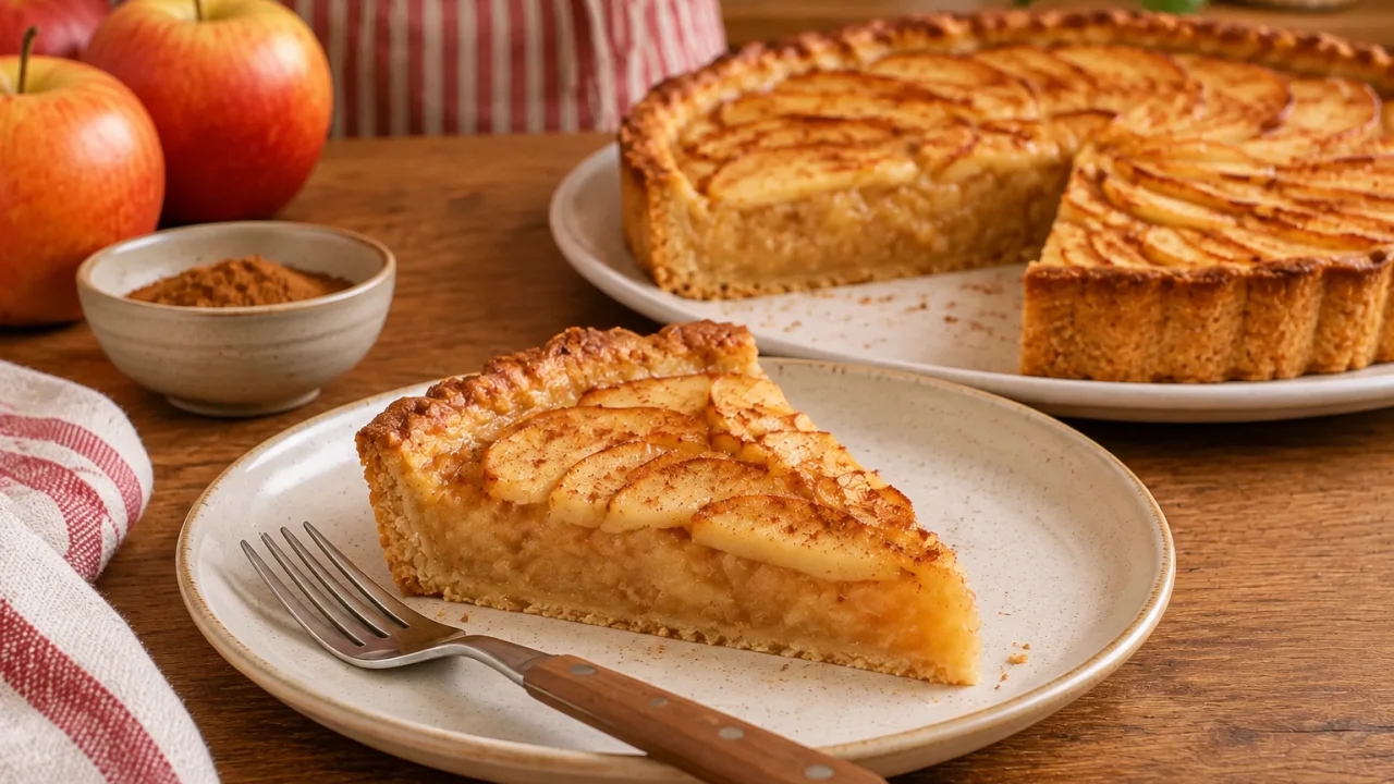 Detalhe da apresentação de Tarte de maçã light com recheio macio e canela