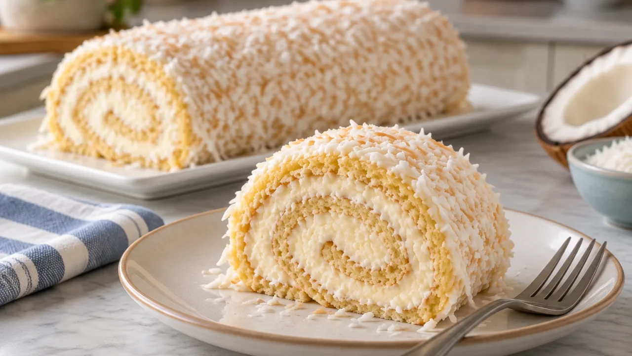 Detalhe da apresentação de Torta de coco simples com espiral de coco
