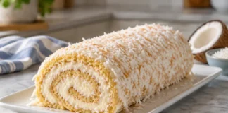 Apresentação final de Torta de coco simples com espiral de coco